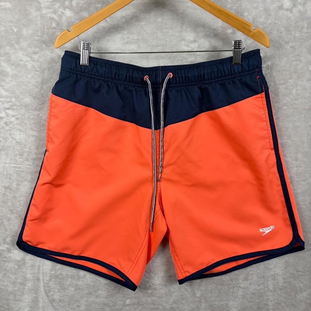 Speedo Swim Trunks Men's L Pockets Orange Navy Blue Drawstring Shorts Beach
